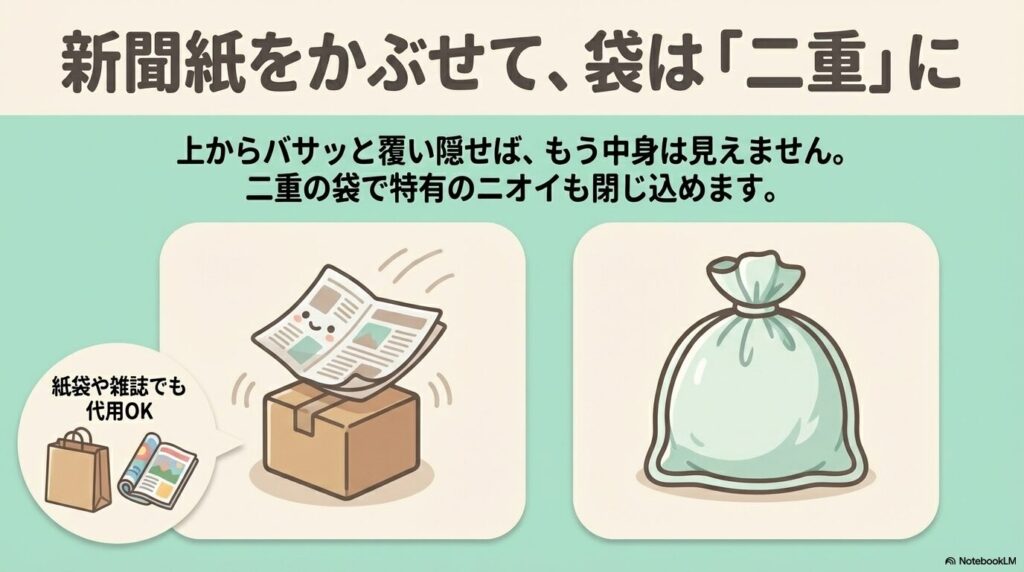 新聞紙で中身を隠し、二重の袋に入れてニオイを封じ込める処分手順を説明しています。