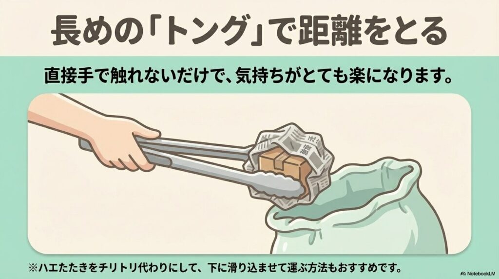長いトングを使用して、捕獲器を直接触らずにゴミ袋へ入れる方法を推奨しています。