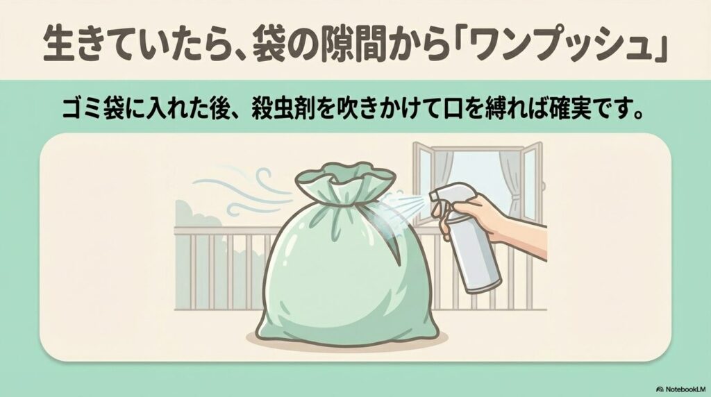 捕獲したゴキブリが生きている場合に備え、袋の隙間から殺虫剤を噴射する方法を説明しています。