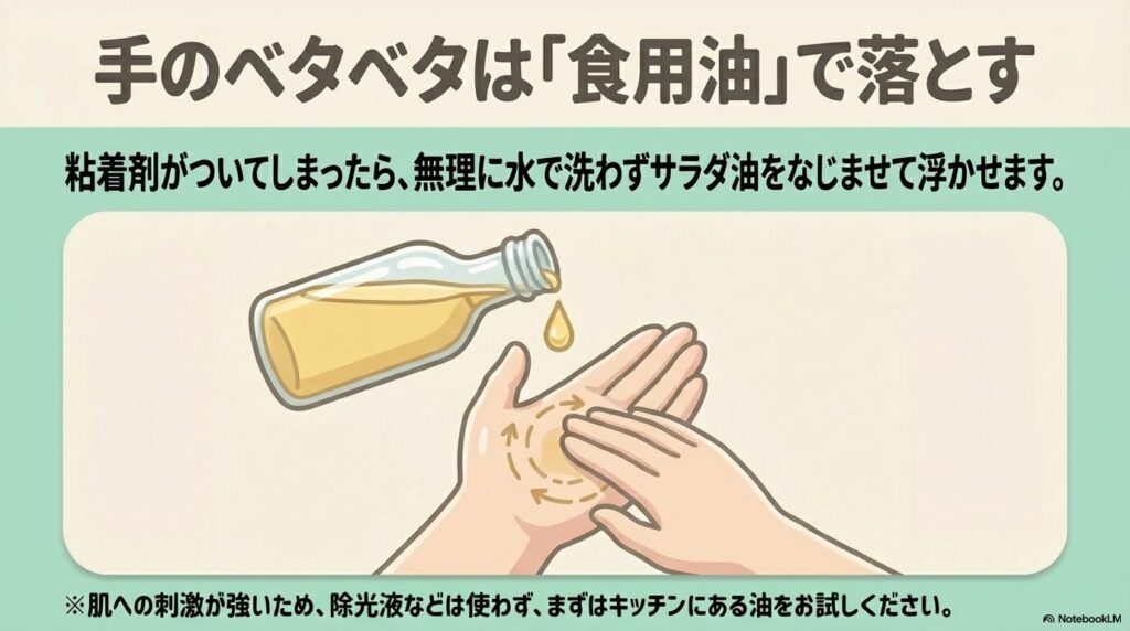 手についた捕獲器の粘着剤を、水ではなく食用油を使って落とす方法を紹介しています。