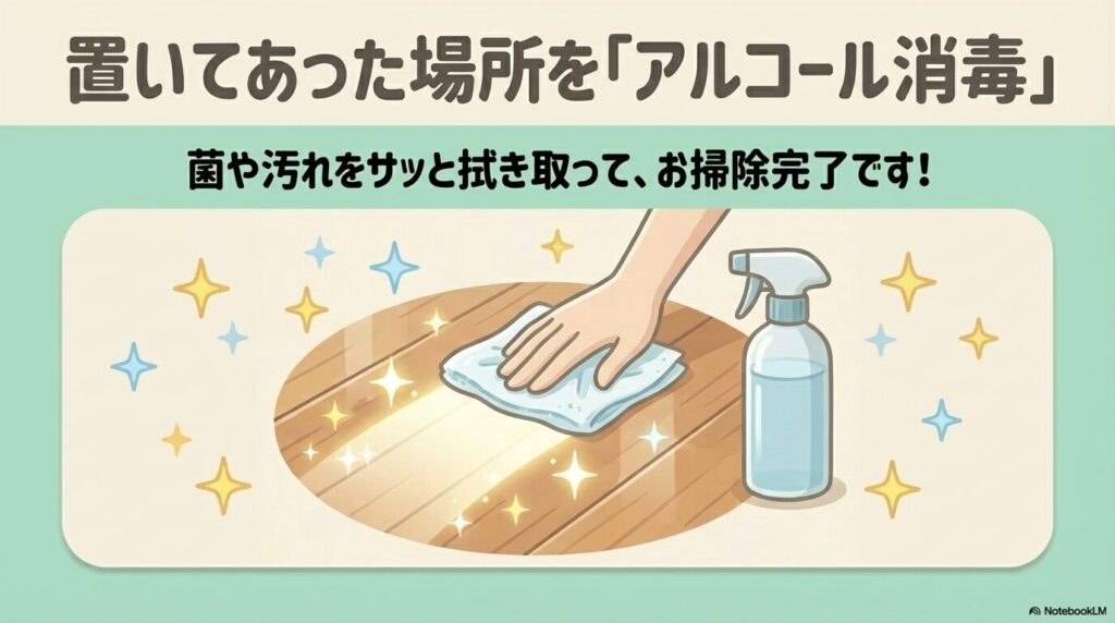 捕獲器を置いていた場所をアルコールで消毒し、菌や汚れを取り除いて完了することを説明しています。