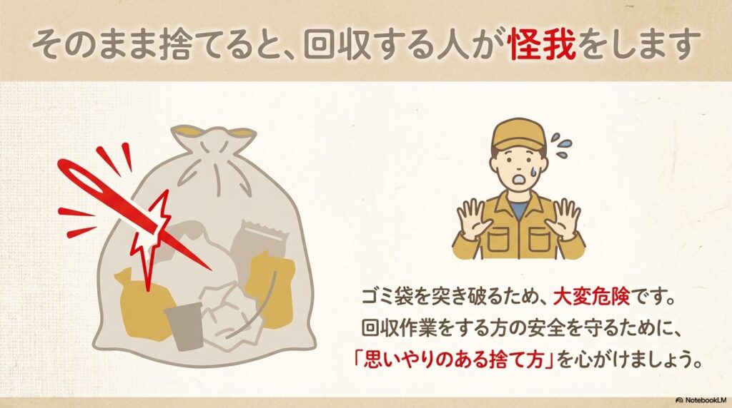 ゴミ収集員が怪我をしないよう、ゴミ袋を突き破る危険性を説明し、思いやりのある捨て方を推奨するスライド。