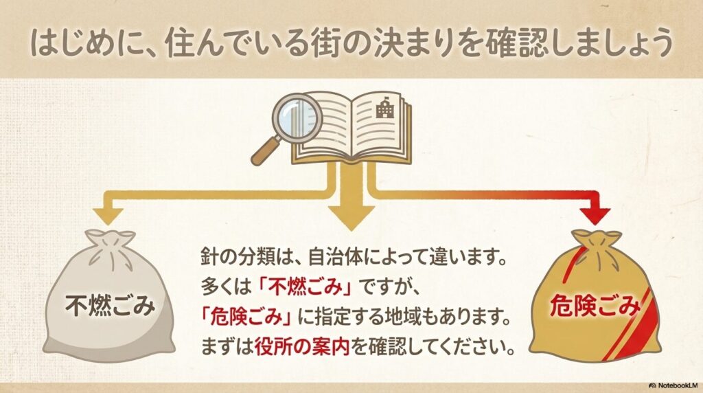 自治体によって「不燃ごみ」や「危険ごみ」など、針の分類が異なるため、役所の案内を確認するよう促す内容。