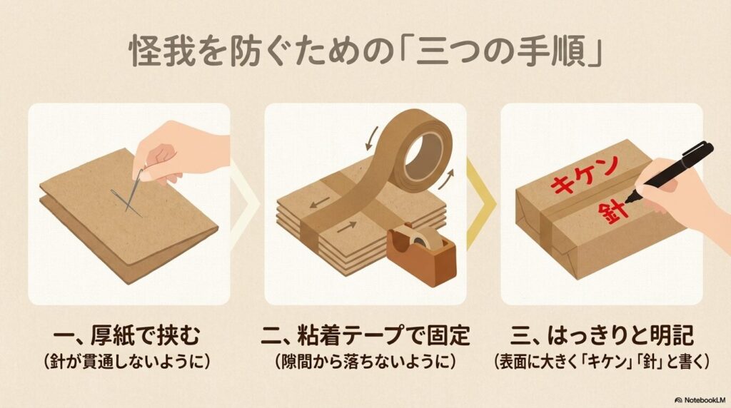 怪我を防ぐための3つの手順として、厚紙に挟む、テープで固定する、表面に「キケン」「針」と書くことを紹介。