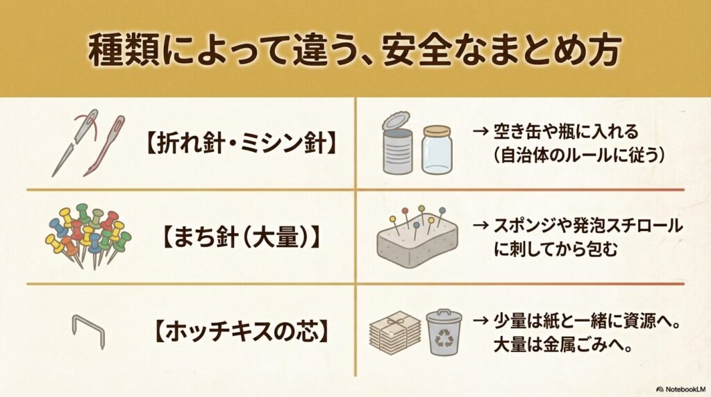折れ針、ミシン針、まち針、ホッチキスの芯など、針の種類ごとの具体的なまとめ方を説明した表。