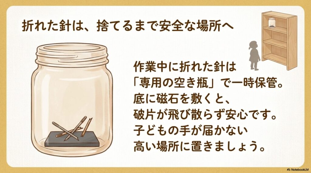 折れた針は専用の空き瓶に磁石を敷いて保管し、子供の手が届かない高い場所に置くよう推奨する内容。
