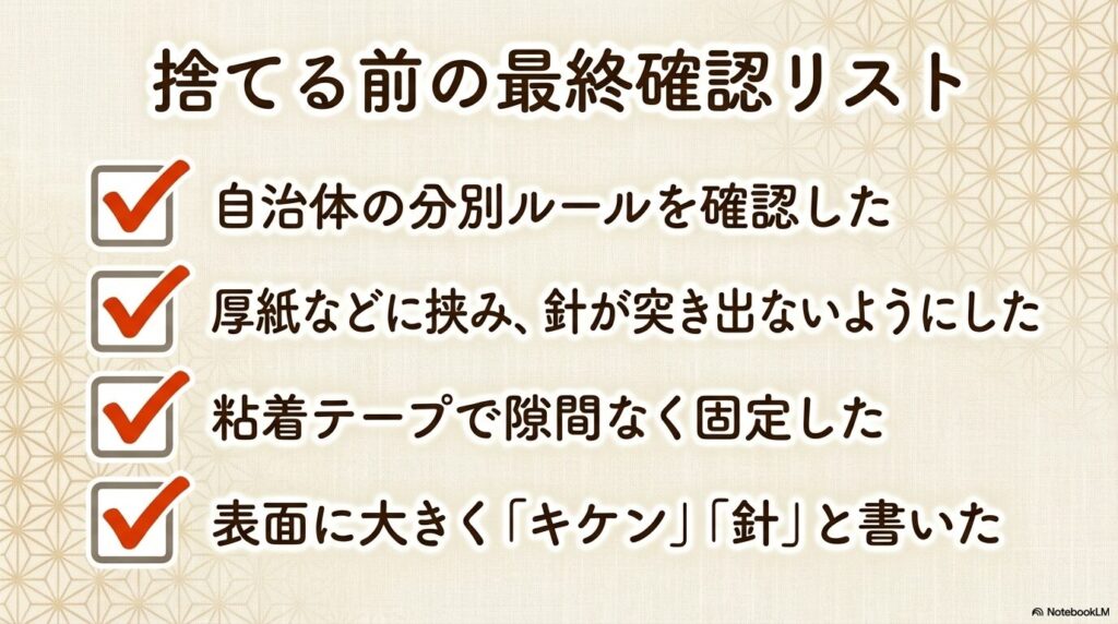 捨てる前に確認すべき、自治体のルール、厚紙での梱包、テープ固定、危険表示の4つのチェックリスト。