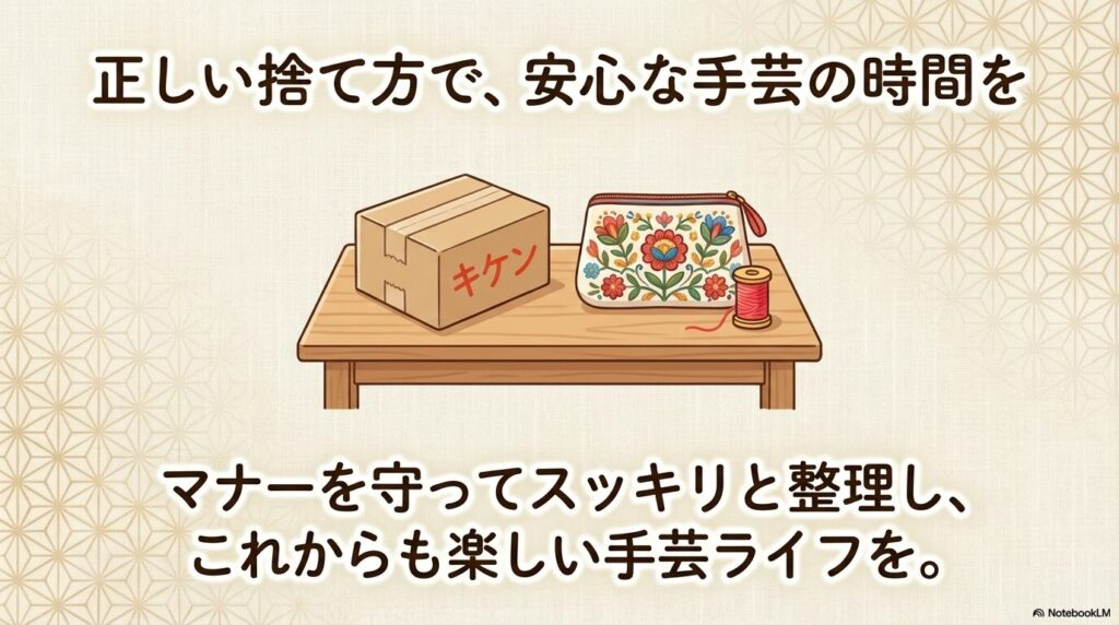 正しい捨て方で安全に手芸を楽しむことを呼びかける、まとめと締めのスライド。