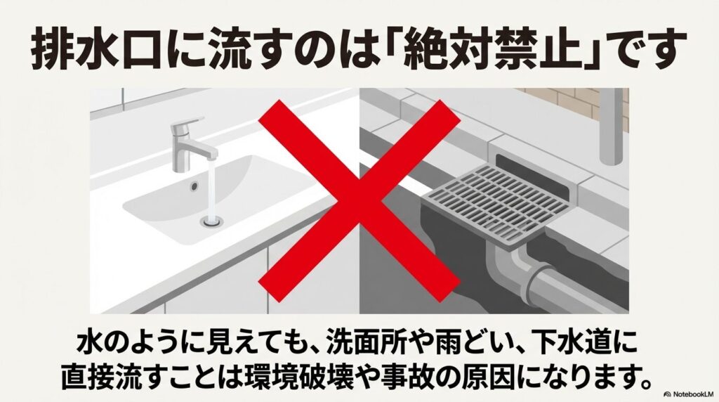 ウォッシャー液を排水口や洗面所に流すのは、環境破壊や事故の原因となるため絶対に禁止であることを説明しています。