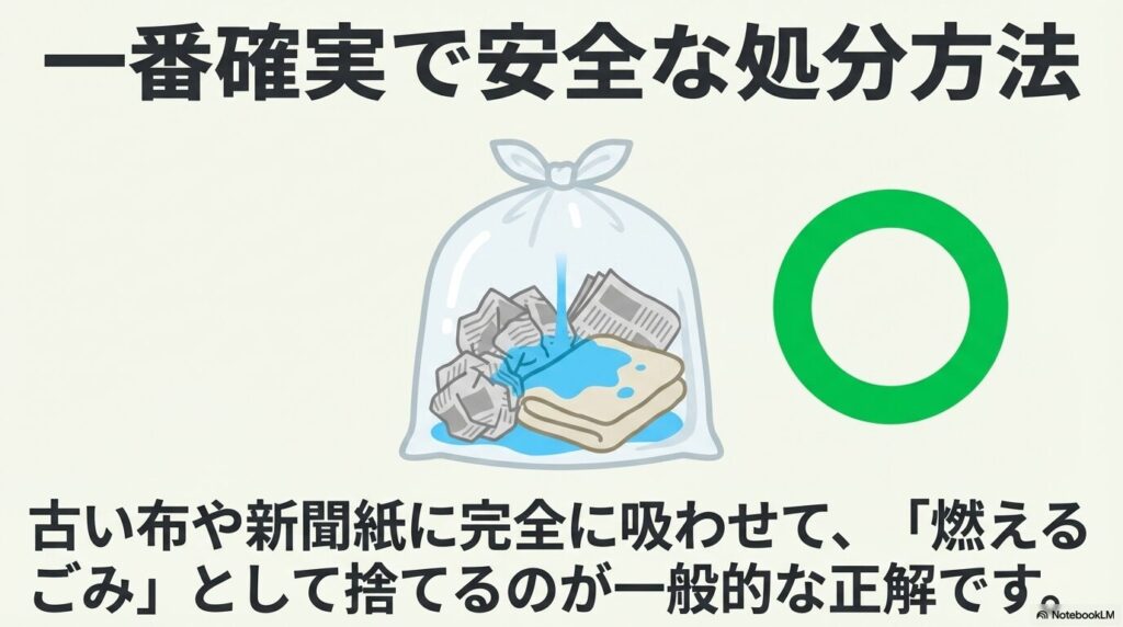 ウォッシャー液の最も安全な処分方法は、古い布や新聞紙に吸わせて燃えるごみとして出すことだと説明しています。
