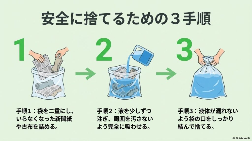 安全に捨てるための3つの手順として、袋に紙を詰め、液を吸わせ、口をしっかり結ぶ方法を図解しています。