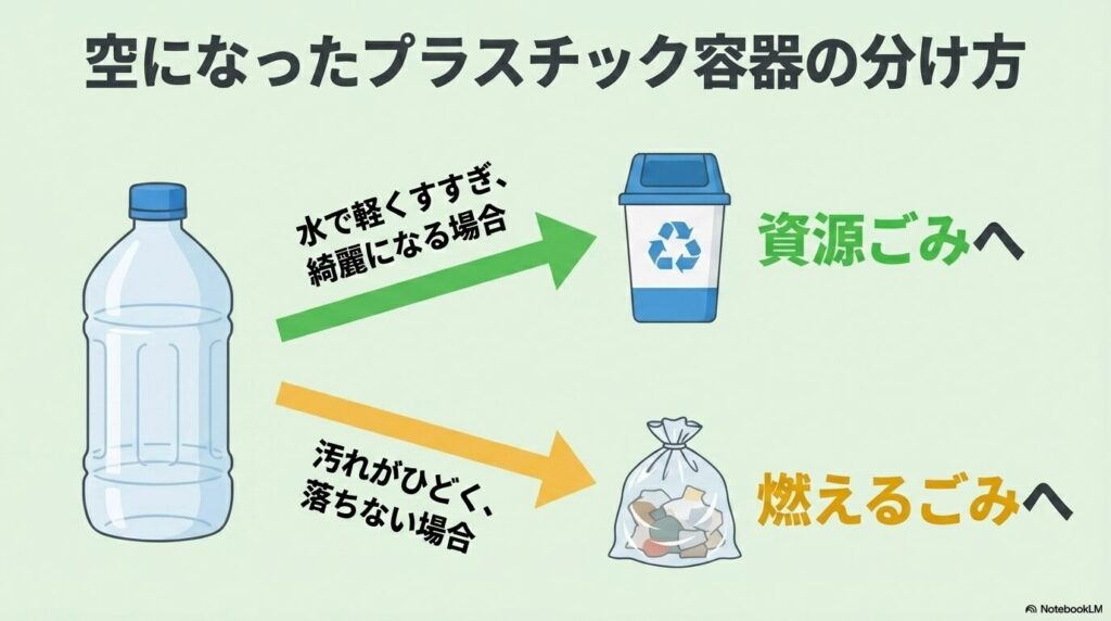 空になった容器の捨て方を、汚れが落ちる場合は資源ごみ、落ちない場合は燃えるごみと分類して説明しています。