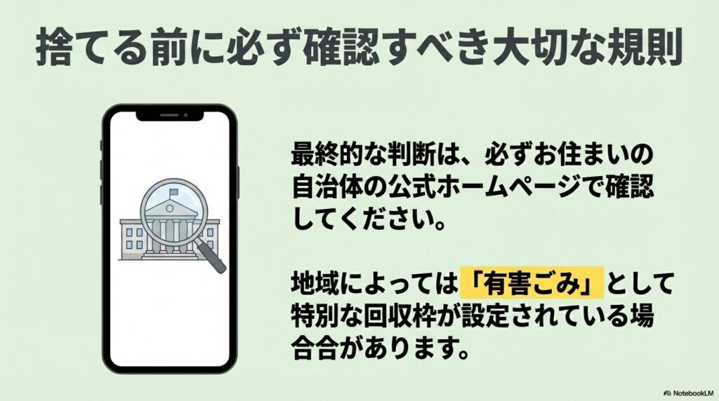 最終的な処分ルールは自治体により異なるため、必ず公式ホームページで確認することを推奨しています。