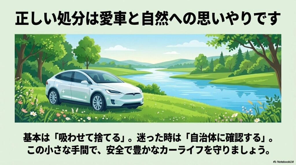 正しい処分は愛車と自然への思いやりであり、基本は吸わせて捨てること、迷ったら自治体に確認することを伝えています。