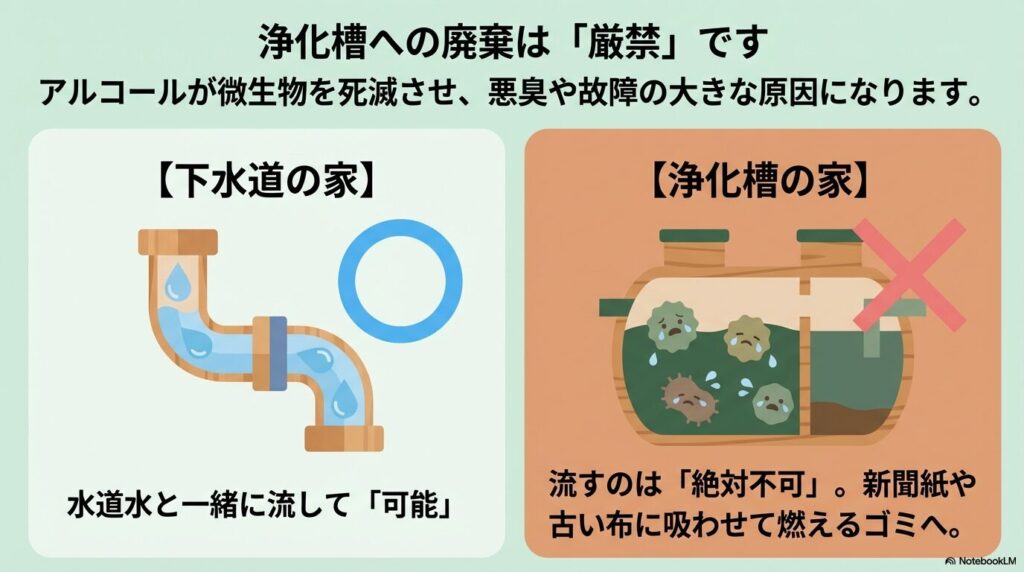 下水道と浄化槽での処分の違い。浄化槽への廃棄は微生物を死滅させるため厳禁。