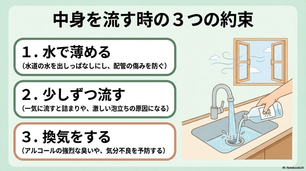 お酒をシンクに流す際の3つのルール：水で薄める、少しずつ流す、換気をする。