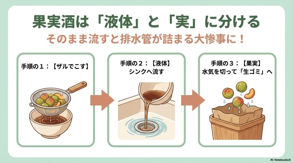 果実酒の捨て方。液体はシンクへ流し、果実は生ゴミとして処分する手順。