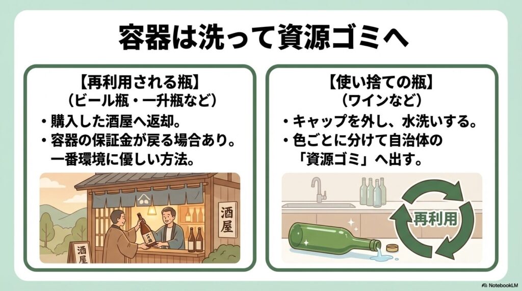 容器の分別方法。再利用瓶は酒屋へ返却し、使い捨て瓶は資源ゴミへ。