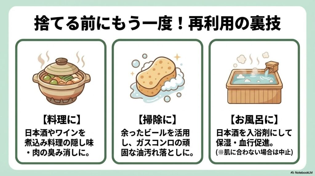 捨てる前にできるお酒の再利用方法。料理、掃除、入浴剤としての活用案。
