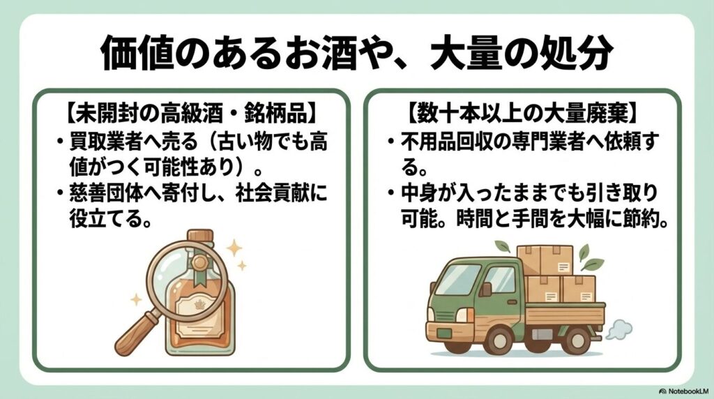 高級酒の売却・寄付や、不用品回収業者による大量処分についての解説。