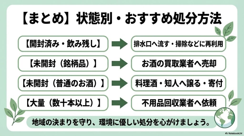 お酒の状態に応じたおすすめの処分方法とマナーのまとめ。