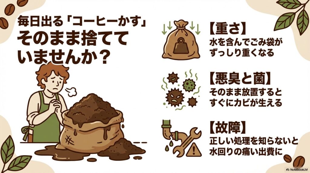 コーヒーかすをそのまま捨てた場合に生じる、ゴミの重量増加やカビの発生、配管故障などのリスク。