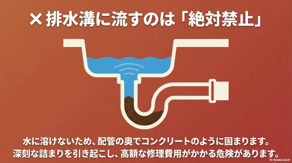 排水溝にコーヒーかすを流すと配管内で固まって深刻な詰まりを引き起こすため、絶対禁止と警告。