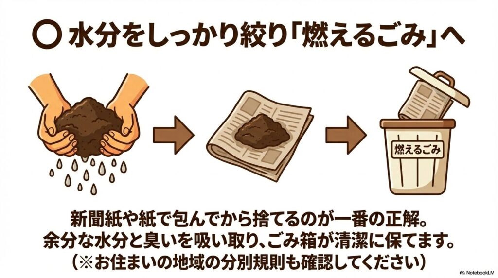 水分を絞ったコーヒーかすを新聞紙に包んで、燃えるごみとして出す正しい手順の解説。
