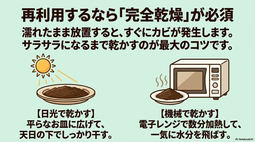 再利用のコツとして、天日干しや電子レンジを活用してコーヒーかすを完全に乾燥させる方法を紹介。