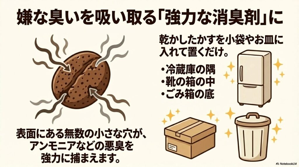 乾燥したコーヒーかすの多孔質な構造を活かして、冷蔵庫や靴箱の強力な消臭剤にする方法。