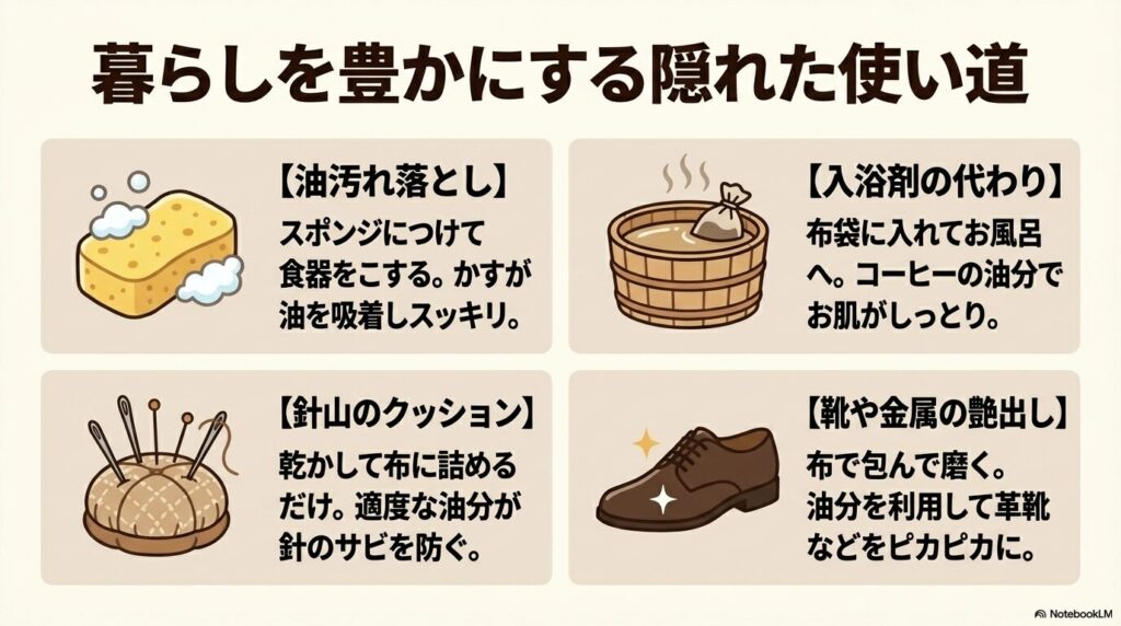 油汚れ落とし、入浴剤、針山のクッション、靴の艶出しなど、暮らしを豊かにする4つの意外な活用法。
