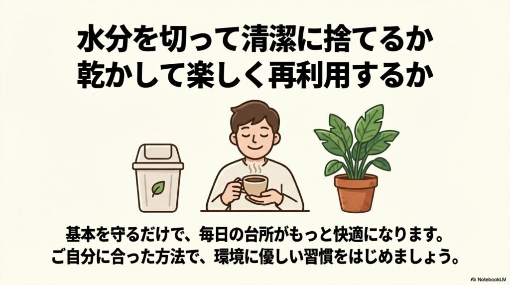 水分を切って捨てるか、乾かして再利用するか、自分に合った環境に優しい習慣を提案するまとめ。