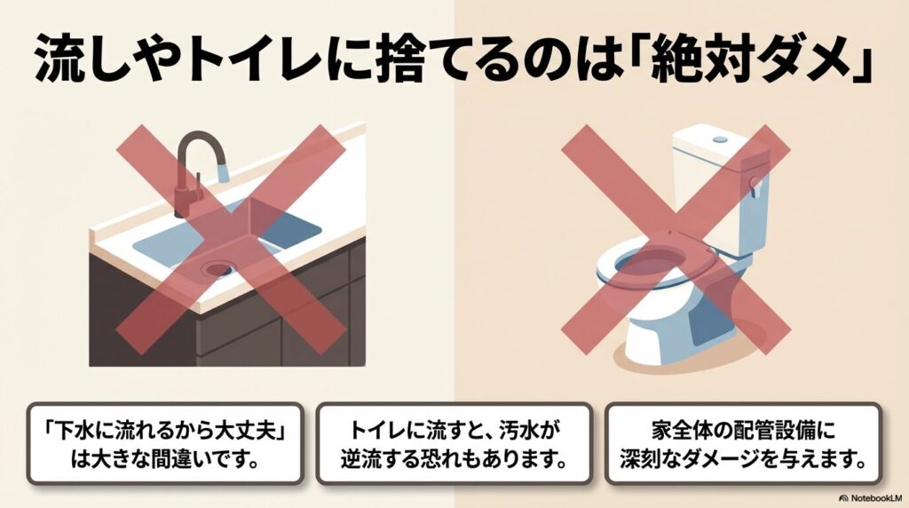 カップラーメンの汁を流しやトイレに捨ててはいけない理由を、×印のイラストと共に説明するスライド。