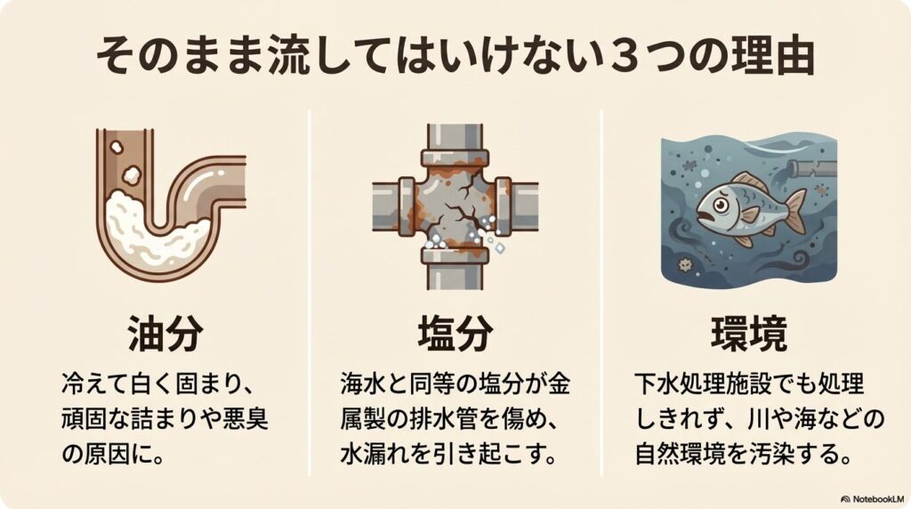 残り汁をそのまま流してはいけない3つの理由（油分、塩分、環境への影響）を解説するスライド。