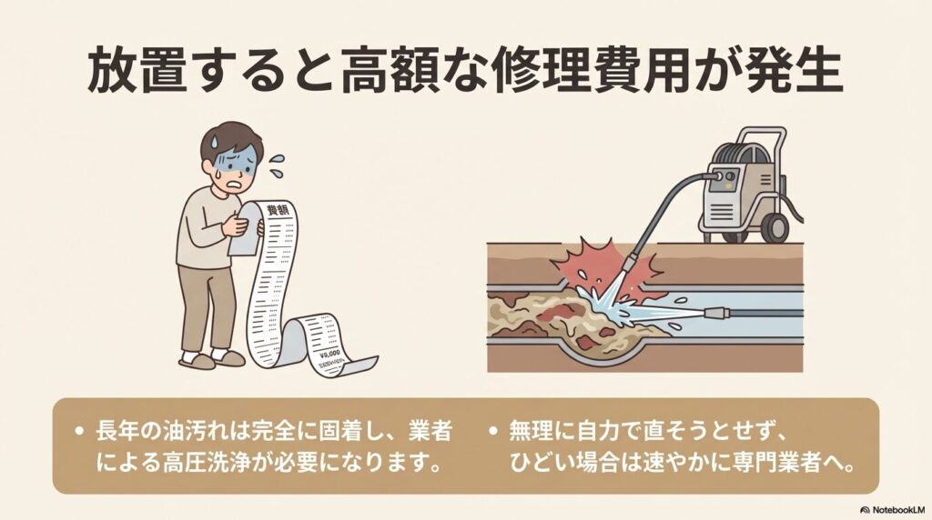 排水管の詰まりを放置した場合の高額な修理費用や、専門業者による高圧洗浄の必要性について説明するスライド。