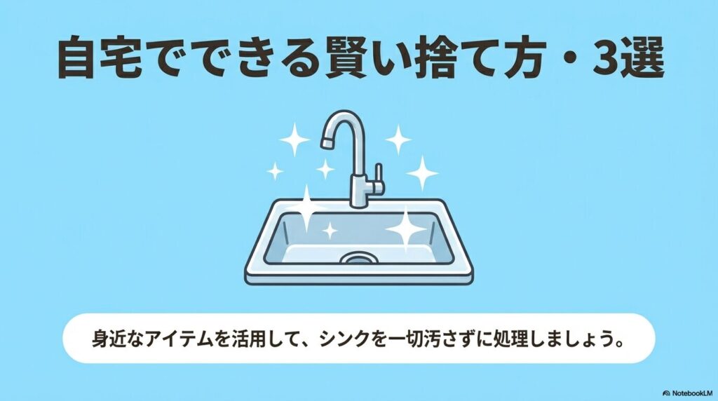 自宅でシンクを汚さずに残り汁を処理できる、3つの賢い捨て方を紹介する導入スライド。