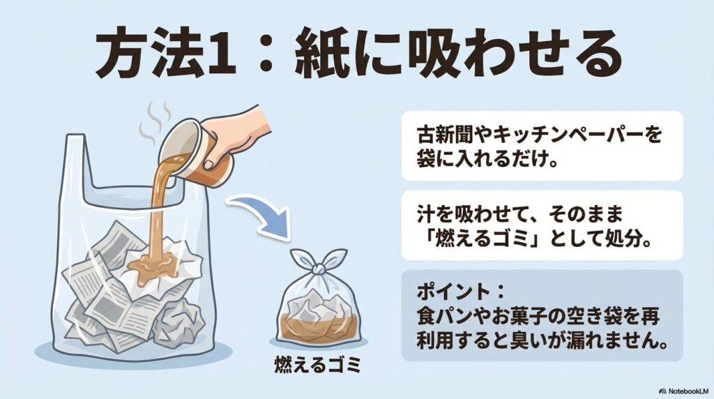 古新聞やキッチンペーパーを袋に入れて残り汁を吸わせ、「燃えるゴミ」として捨てる方法を解説するスライド。