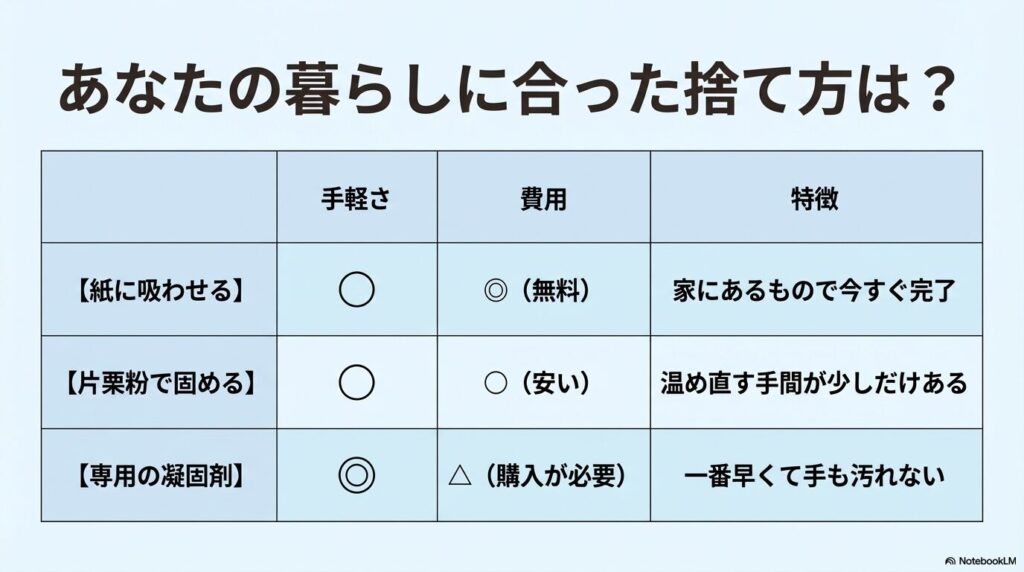 紹介した3つの捨て方を「手軽さ」「費用」「特徴」の項目で比較した一覧表のスライド。