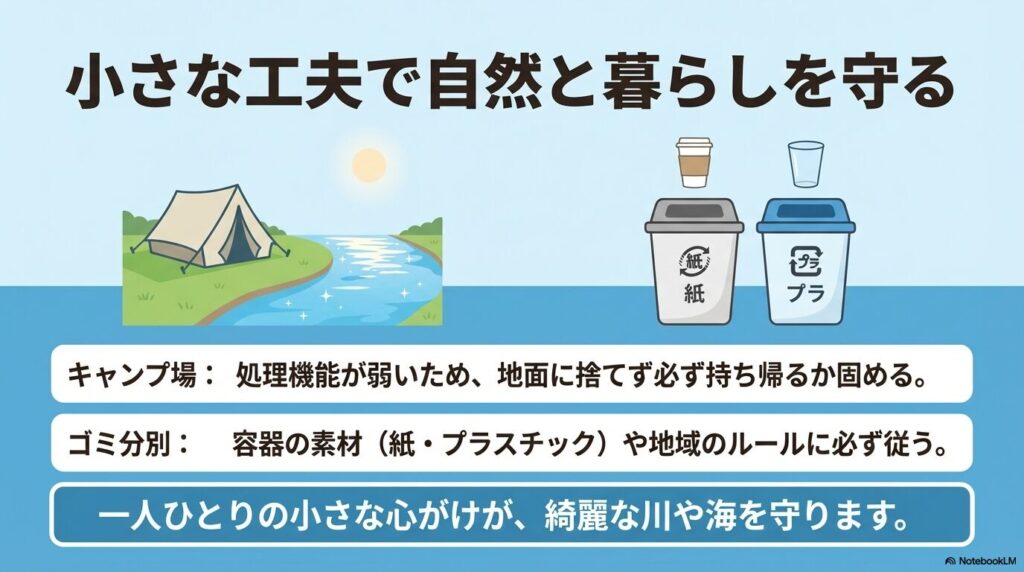 キャンプ場でのマナーやゴミの分別について触れ、一人ひとりの心がけが自然を守ることを伝えるまとめのスライド。