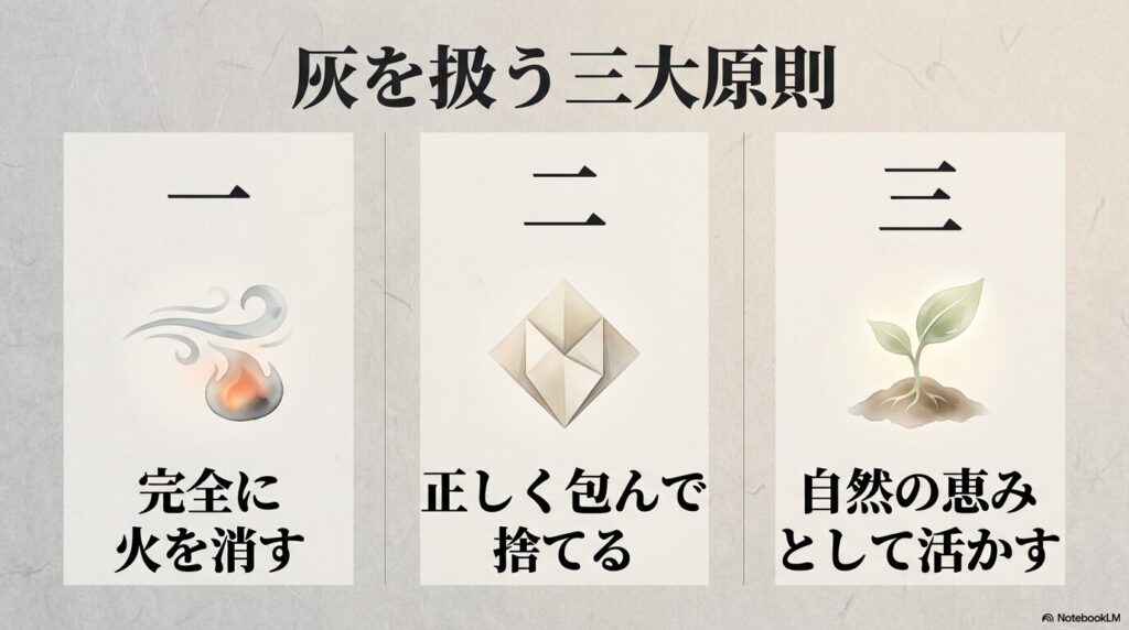 灰を扱う際の3つの原則(完全な消火、正しい包装、自然への活用)を説明するスライド。