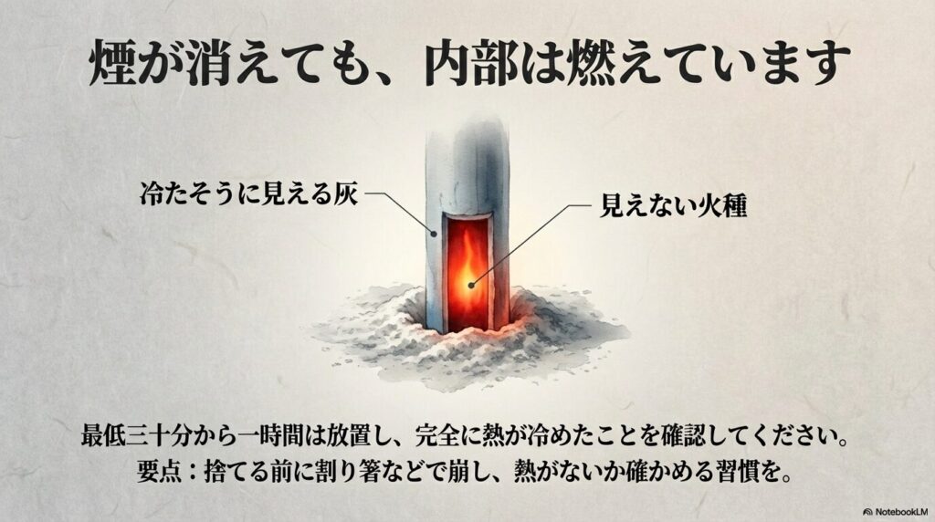 煙が消えた後も内部に火種が残る危険性と、消火を確認するための具体的な手順の解説。