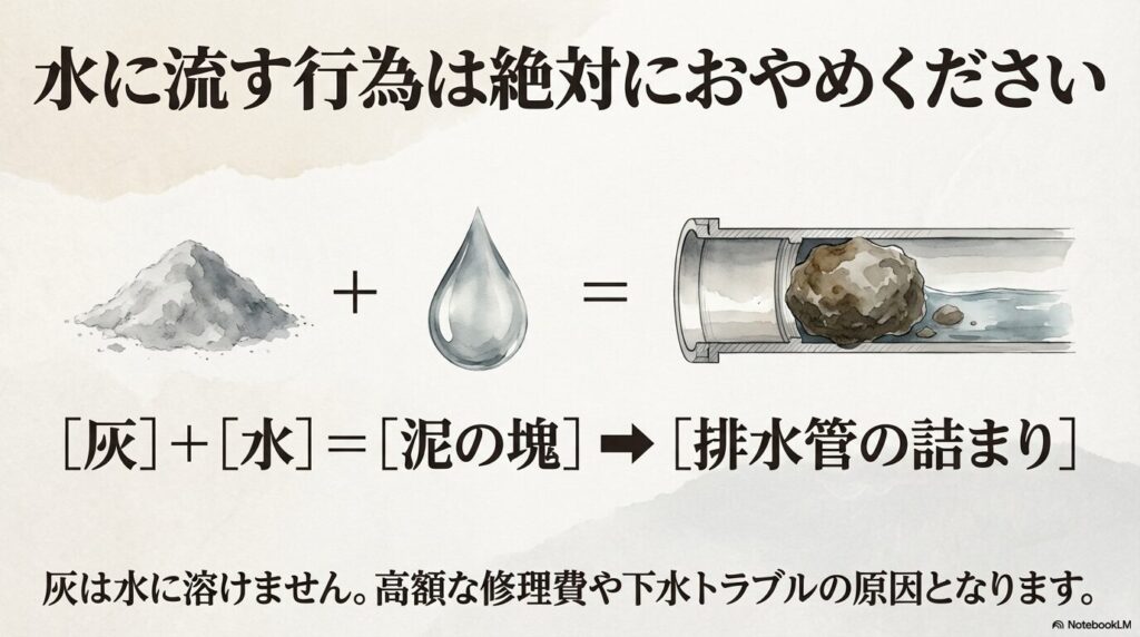 灰が水に溶けず排水管を詰まらせる原因になるため、水に流すことを禁止する警告スライド。