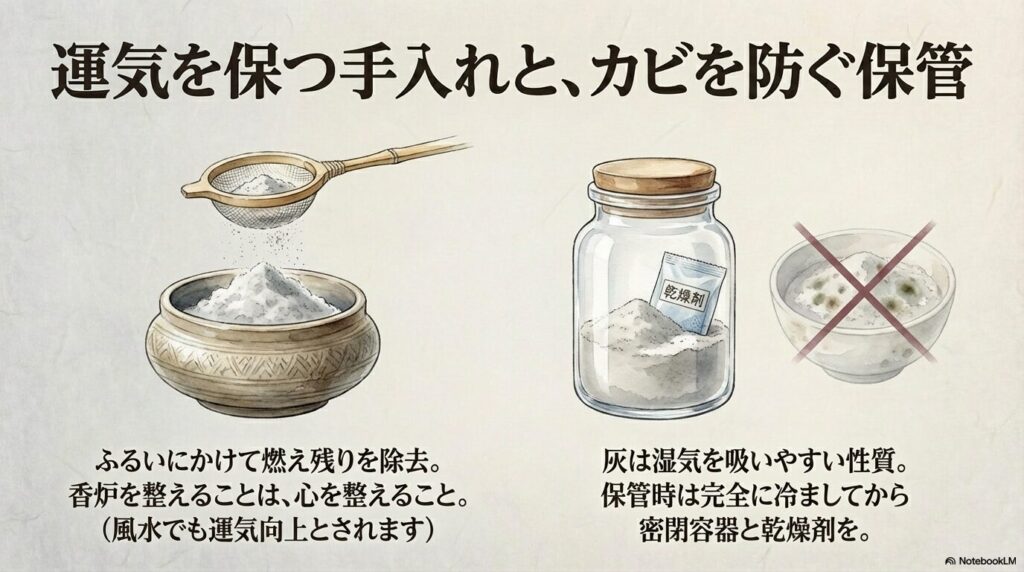 灰をふるいにかけて手入れする方法と、カビを防ぐための乾燥剤を用いた保管方法の紹介。