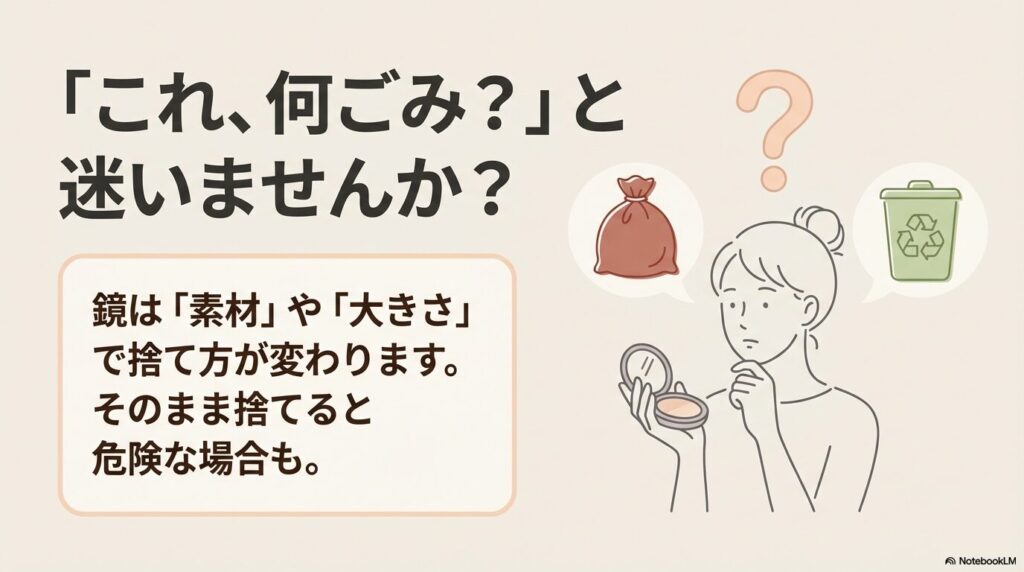 鏡の捨て方は素材や大きさによって異なり、不適切な処分は危険を伴う可能性があることを説明しています。
