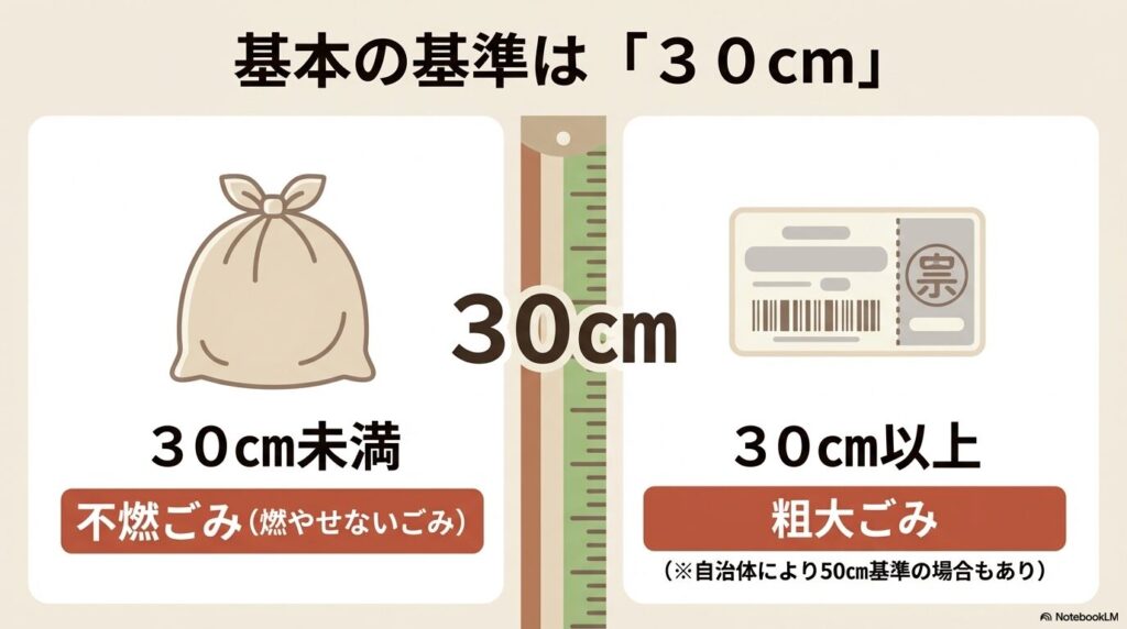 鏡を捨てる際の基本的な判断基準として、30cmを境に不燃ごみと粗大ごみに分かれることを示しています。