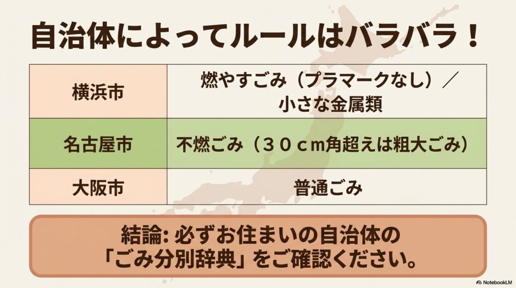横浜市、名古屋市、大阪市の例を挙げ、自治体によってごみの分別ルールが異なることを説明しています。