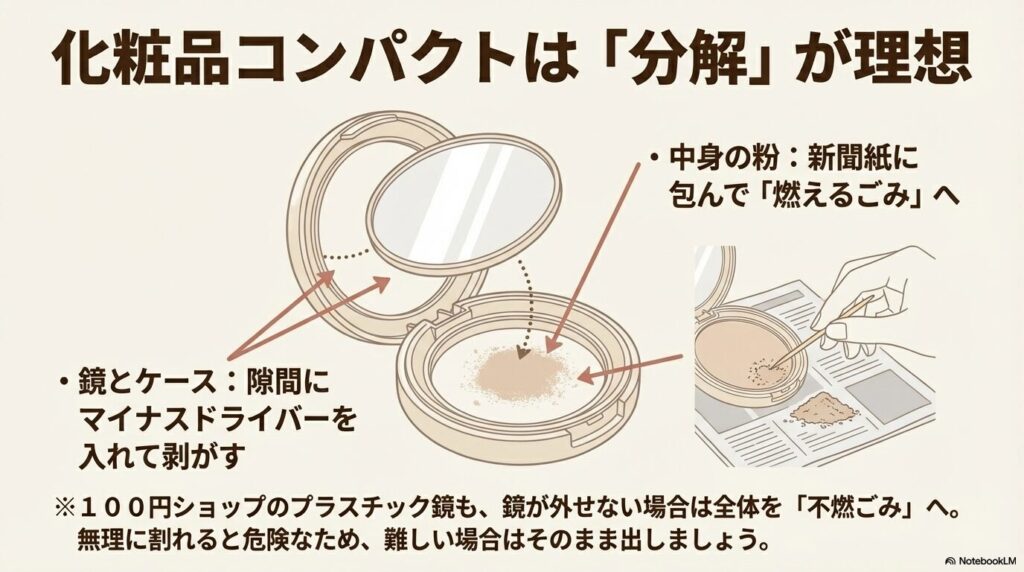 化粧品コンパクトを分解し、鏡、ケース、中身の粉をそれぞれ適切に分別して捨てる手順を解説しています。