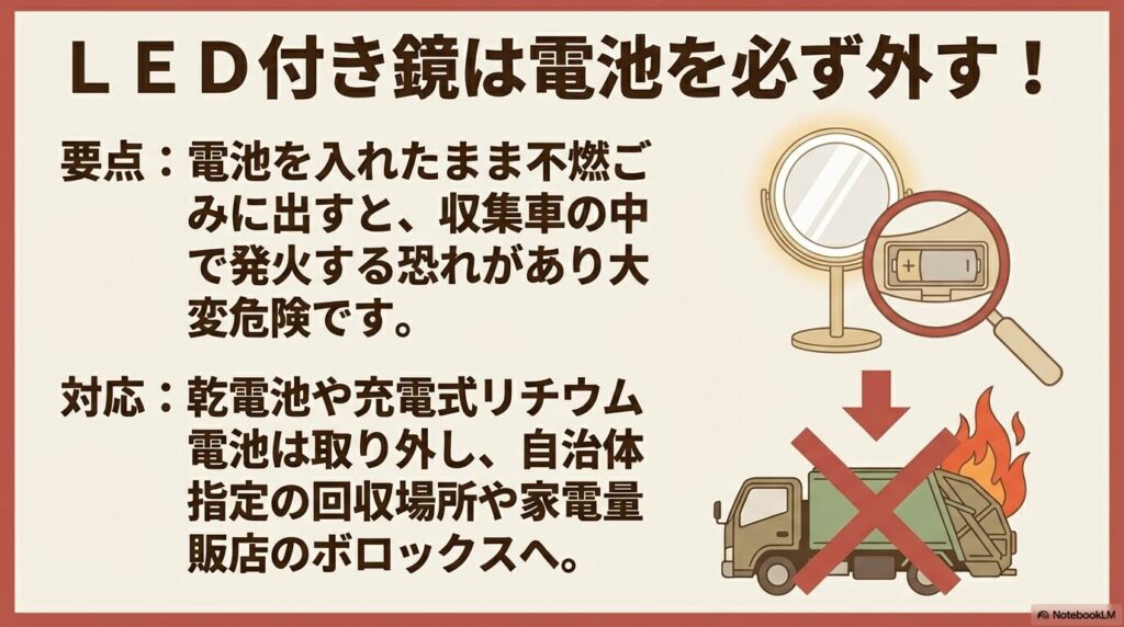 LED付き鏡を捨てる際は、火災防止のために電池やリチウム電池を必ず取り外すよう注意を促しています。