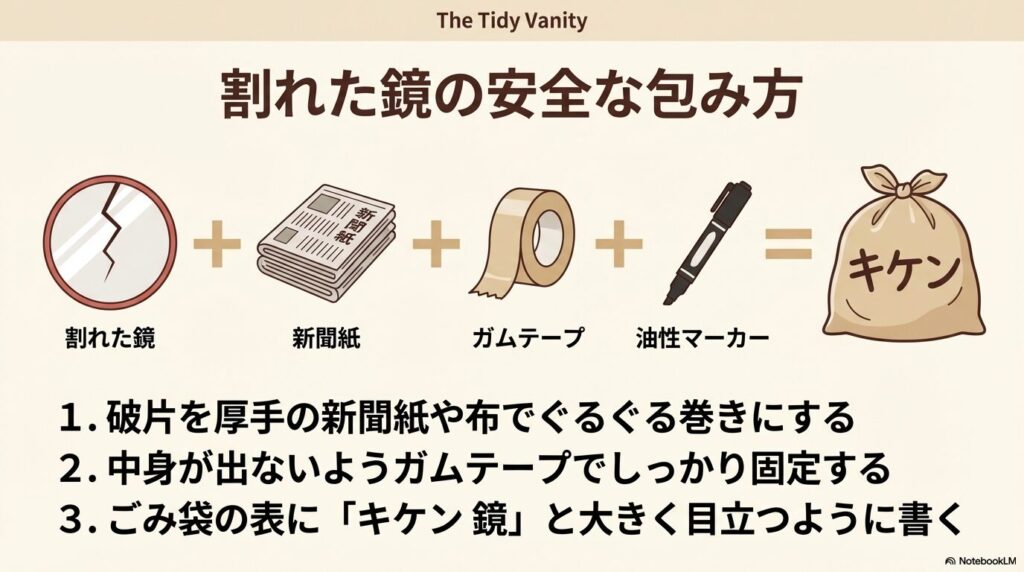 割れた鏡を新聞紙で包み、ガムテープで固定して、袋に「キケン」と書いて捨てる安全な梱包方法を紹介しています。