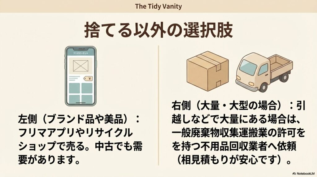 状態の良いブランド品を売却する方法や、大量・大型の鏡を不用品回収業者に依頼する方法を説明しています。